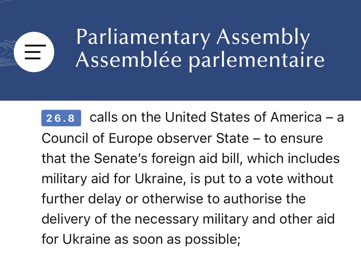 The Assembly UNANIMOUSLY endorsed the rapporteur’s @Zingeris proposal and called on @congressdotgov to authorise the delivery of the desperately needed necessary military and other aid for Ukraine. We welcome @SpeakerJohnson’s proposal that will ensure the delivery of aid to 🇺🇦.