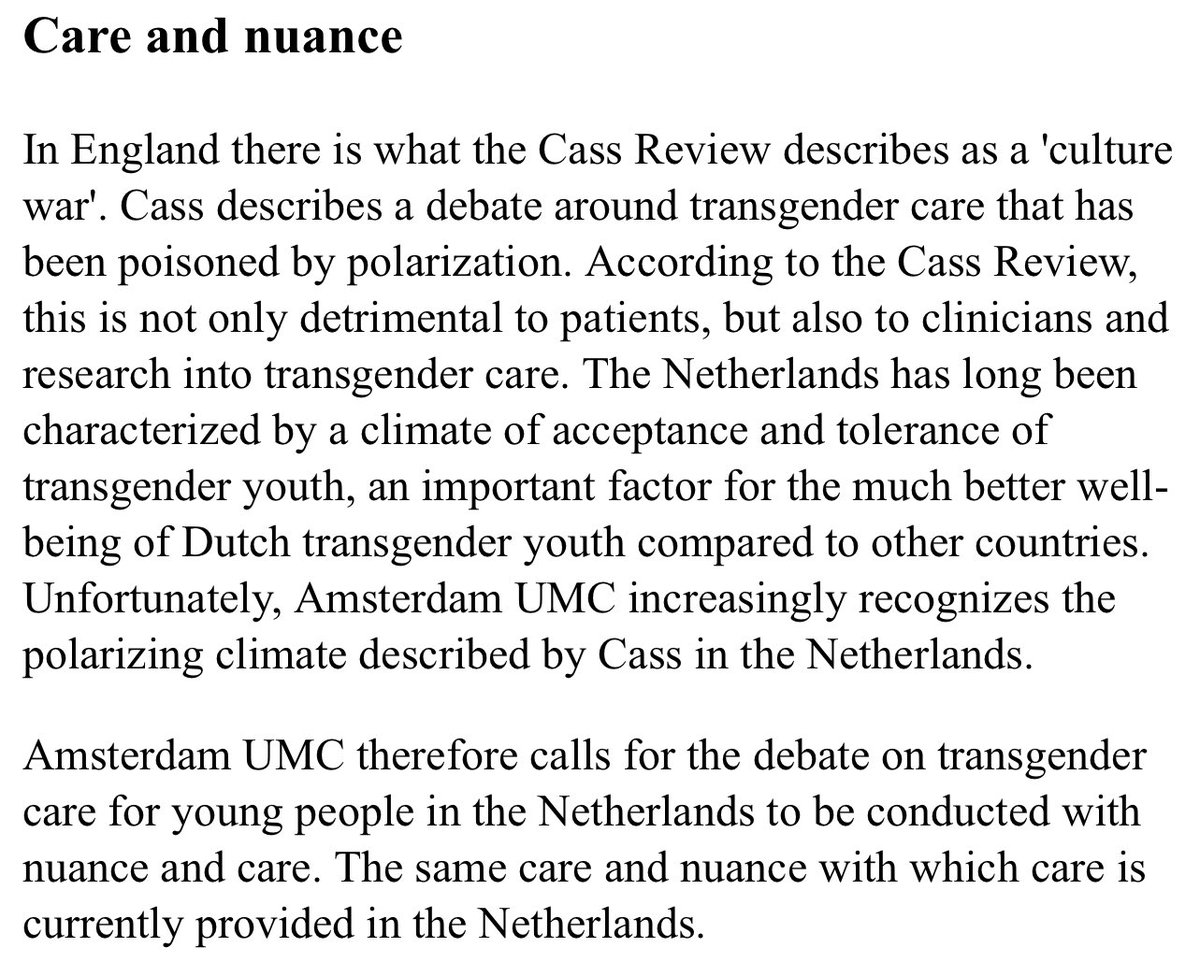 Update🚨 “Amsterdam UMC disagrees with conclusion that there is insufficient scientific evidence for the use of puberty inhibitors” & “Amsterdam UMC does not think it is ethical to only allow care if patients participate in research.” www-amsterdamumc-org.translate.goog/nl/vandaag/een…