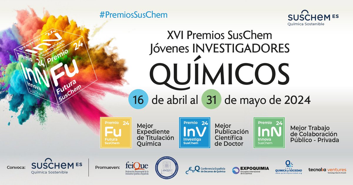 ¡Llegan los XVI #PremiosSuschem! Un evento que reconoce la actividad científica y divulgativa de jóvenes investigadores químicos, organizado por @SusChemSpain y promovido por #Expoquimia, @anquequimicos, @cedquimica_, @ForoQyS y @tecnalia. Participa.👇 suschem-es.org/premios_susche…