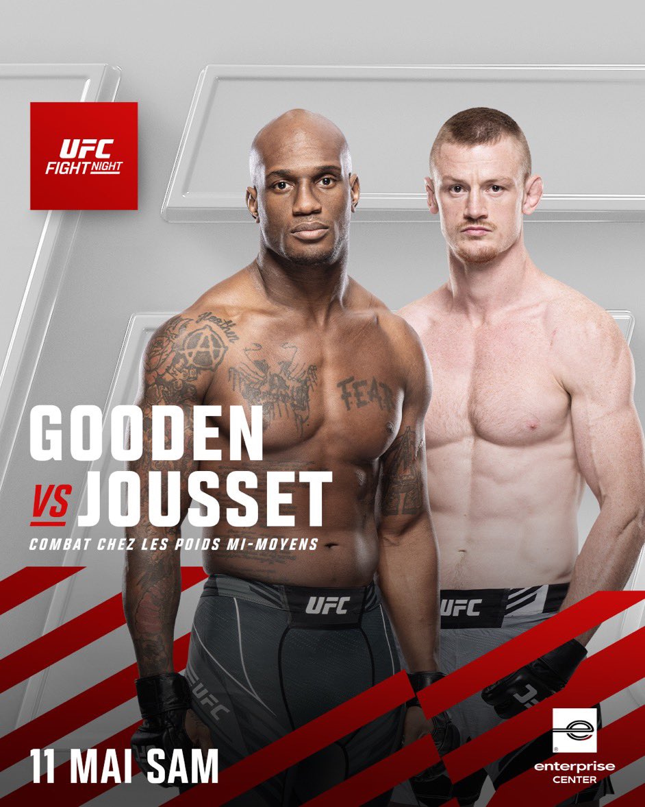 Kevin Jousset (10-2) 🇫🇷 fera son troisième combat à l’UFC face à Jared Gooden (23-9) 🇺🇸 lors de l’UFC Fight Night du 11 mai.

On espère une troisième victoire à l’UFC  pour Kevin ! 💪