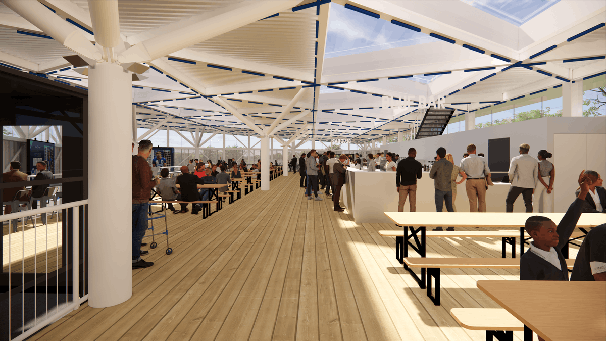 BDP Pattern's #design for the new Fan Zone at the American Express Stadium in Brighton has been approved. Inspired by the UK's traditional market halls and contemporary spaces like BDP's BOXPARKs, it promises an enhanced pre and post-match experience. loom.ly/3suAQoE