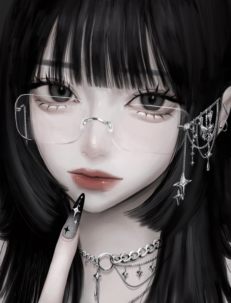 1girl solo long hair looking at viewer black hair closed mouth jewelry  illustration images