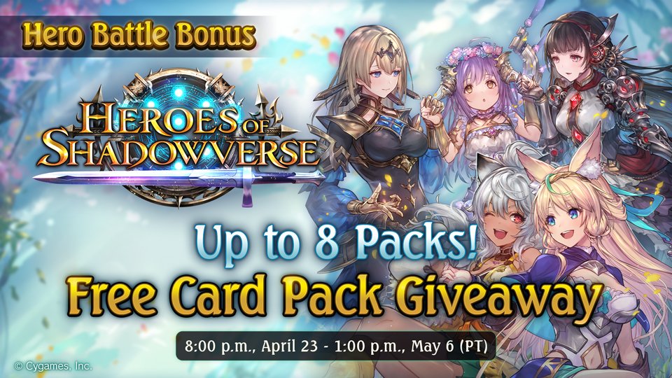 We'll be celebrating the Hero Battle with a card pack giveaway starting 8:00 p.m., April 23 (PT)! Open a Hero of Shadowverse card pack for free each day for up to 8 packs! Details: shadowverse.com/news/?announce…