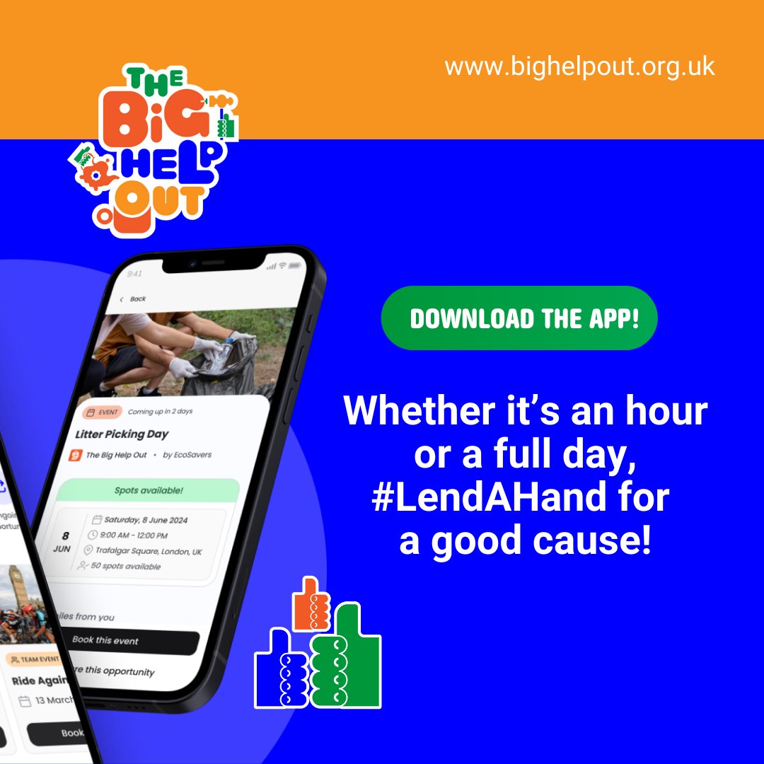 Thousands of charities do incredible work that is made possible through #volunteers. Download the app, and #LendAHand for a cause you love in your local area from 7th-9th of June! thebighelpout.org.uk