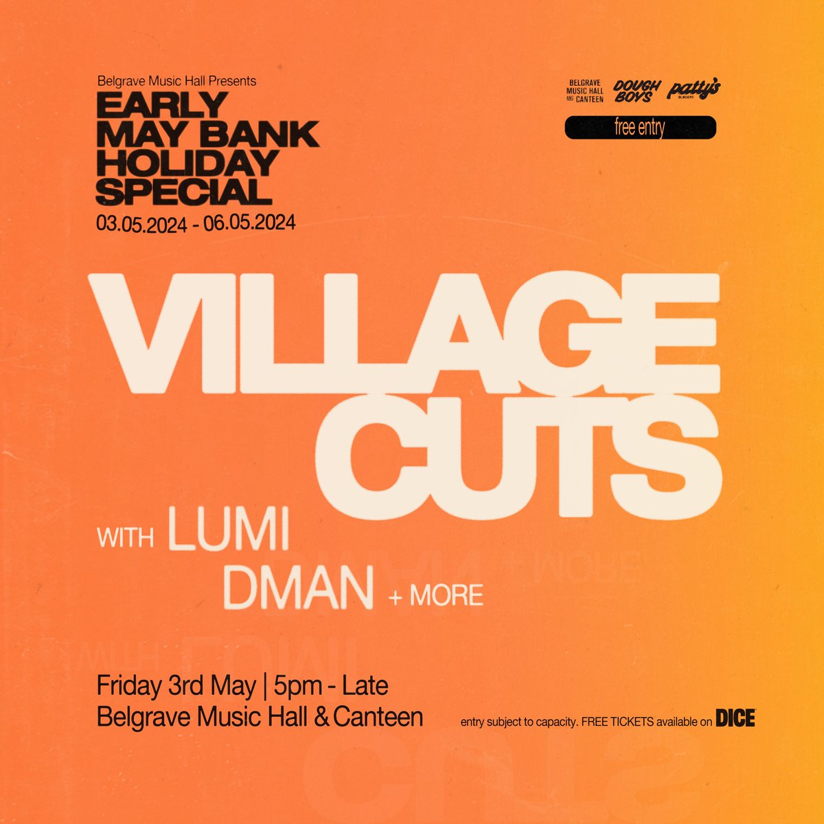 We kick off the May bank holiday with two of the hottest DJs, Village Cuts, making their way up from London for a massive night of music! Joining them on the night we have Endless City's Lumi as well as long standing Belgrave resident Dman on the controls til late! FREE ENTRY
