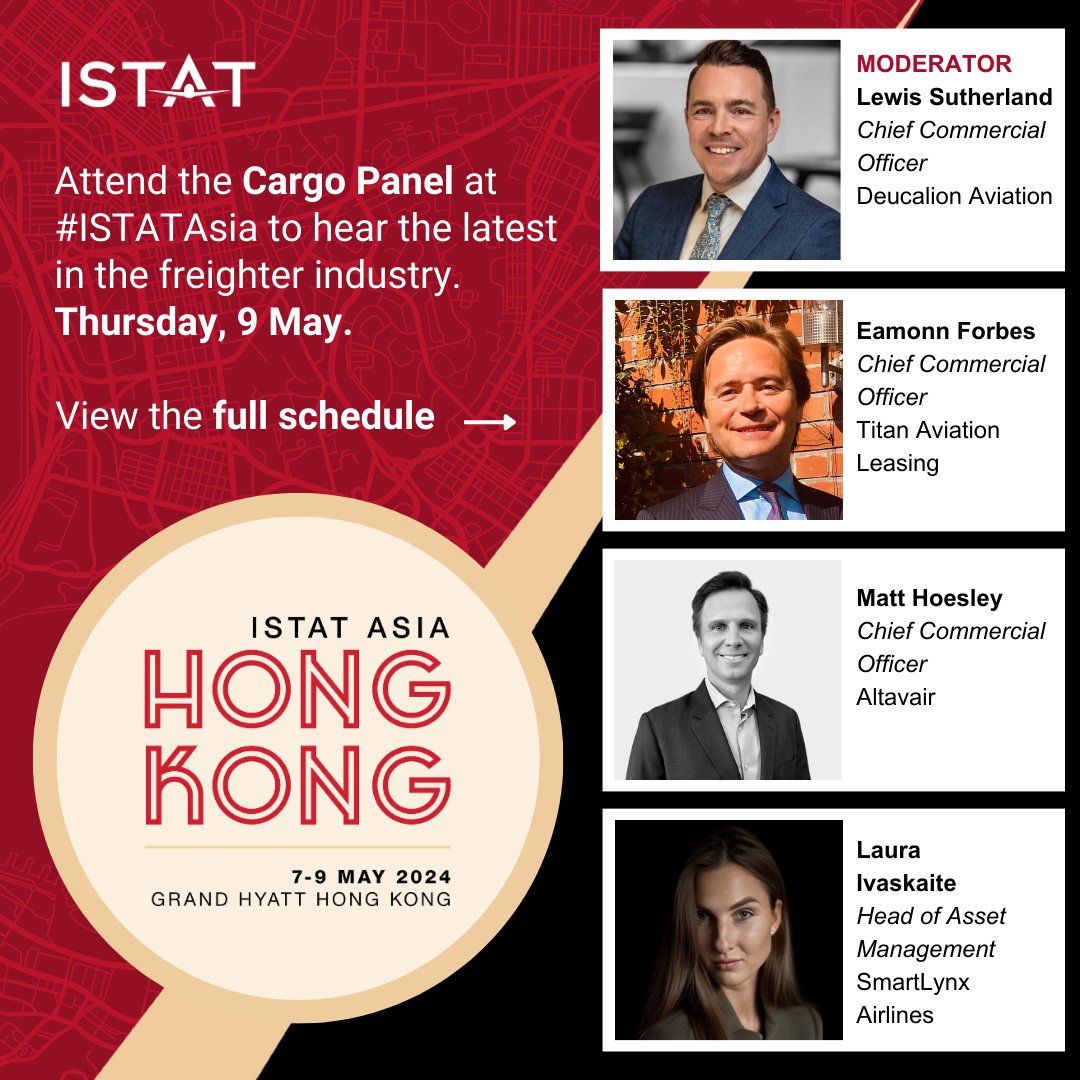 Hear the latest in the freighter industry by attending the Cargo Panel at #ISTATAsia, featuring speakers from Titan Aviation Leasing, ALTAVAIR, SmartLynx Airlines Ltd and Deucalion Aviation. We look forward to seeing you in Hong Kong! ✈️ bit.ly/2GvyqIb #ISTATEvents