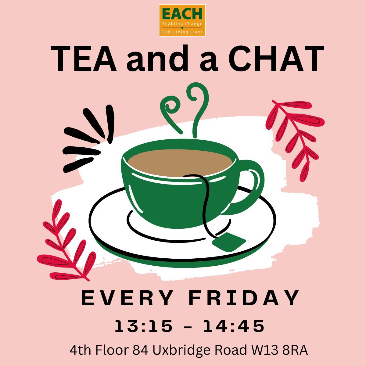 Let's talk about stress! For our service users, Join us every Friday for candid conversations about mental health and stress management. Our team is here to provide support, advice, and a listening ear. #Teaandchat #StressAwarenessMonth #EACHCounselling