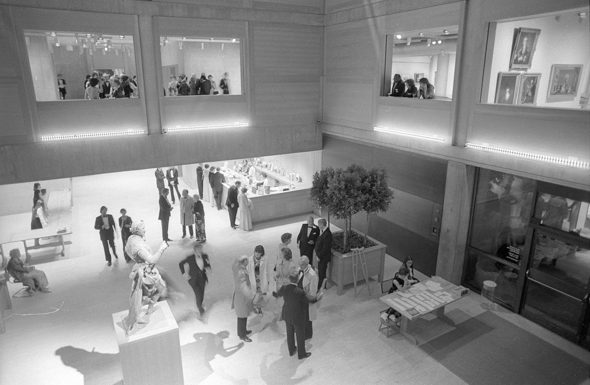 In the mood to celebrate? 🎉 The #YCBA opened to the public on this day in 1977! Image: View of Entrance Court, Yale Center for British Art, opening reception, April 1977. Photo by William B. Carter, Yale Office of Public Information. Yale Center for British Art Archives.