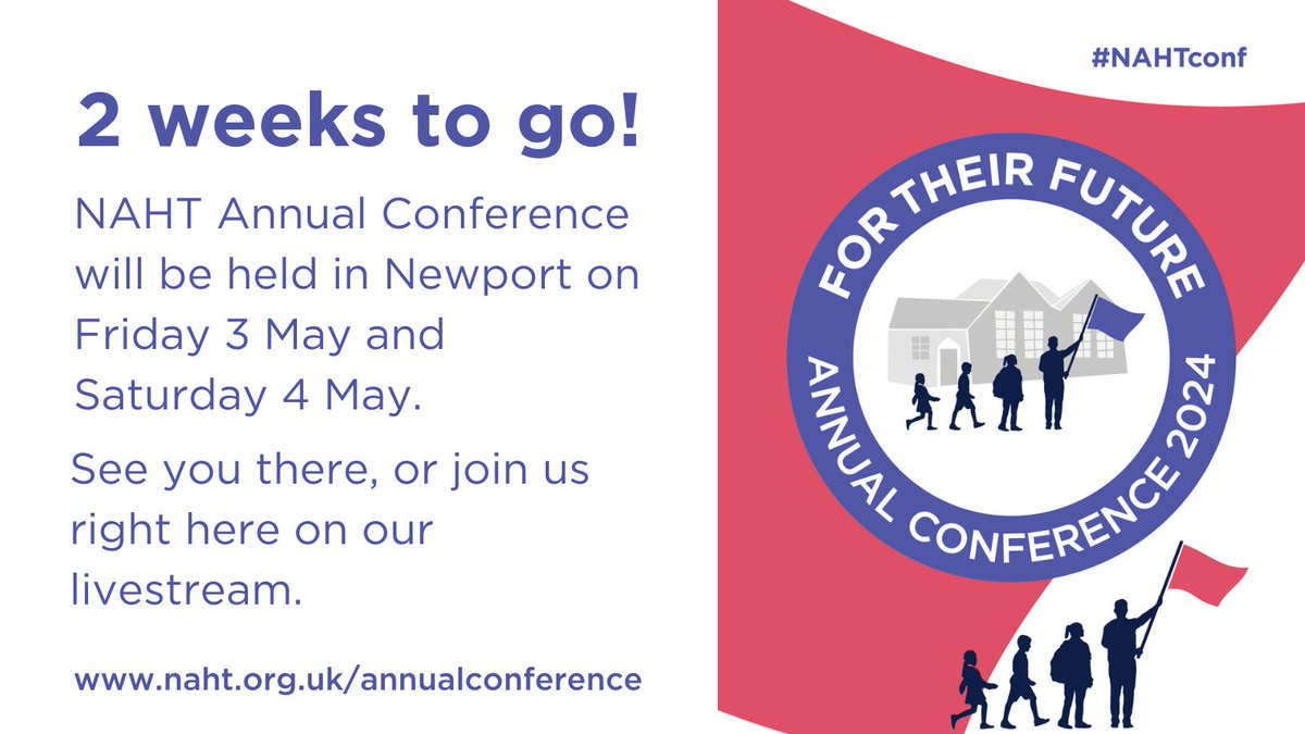 NAHT's Annual Conference will kick off in just two weeks time!

We're looking forward to seeing hundreds of our members there, and we'll be keeping everyone else updated in real time here on social media and on our livestream at naht.org.uk/annualconferen… #NAHTconf