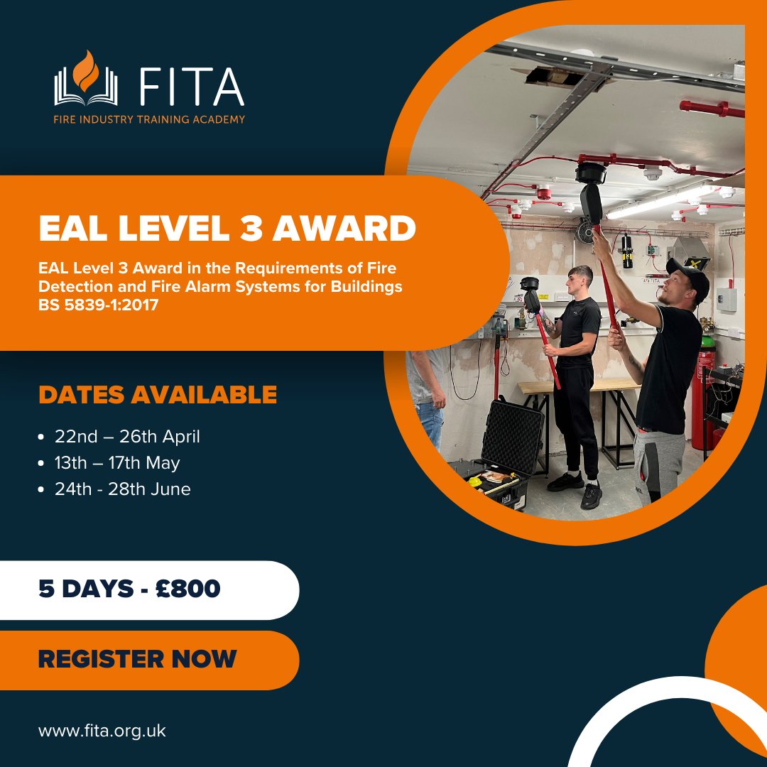 We are running EAL Level 3 courses throughout April, May &amp; June!

If you are interested in these courses or future dates please contact the team.

fita.org.uk/contact-us

#firetraining #EAL #firealarms #firedetection #firesafety #fitafriday