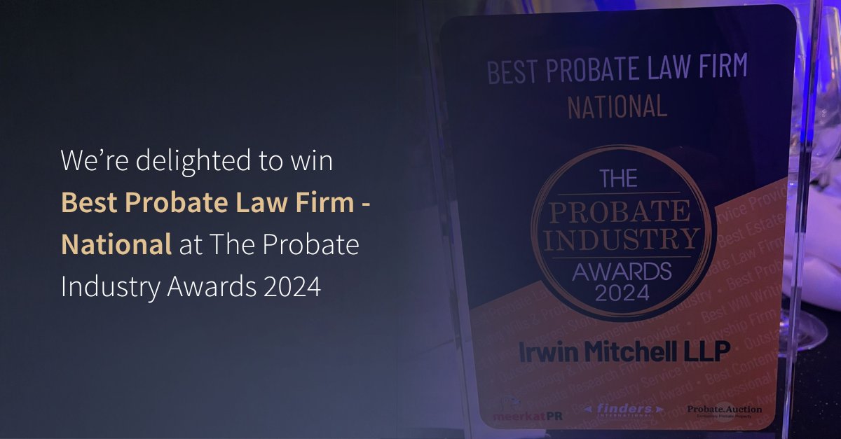 irwinmitchell's tweet photo. Congratulations to our team who won "Best #Probate Law Firm - National" at last night's @AwardsProbate #Probies2024! The team were also highly commended for "Best Will Writing Team" and Emma Spicer for "Best Probate Paralegal of the year": https://t.co/eKmibMbDF7 https://t.co/YrcnhRyn0H