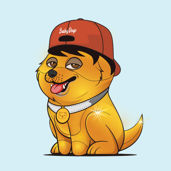 A baby doge NFT with gold fur and sleepy eyes was peacefully napping on a blue pastel background. Suddenly, it woke up to find a red hat on its head and clean clothing on its body. With its ninja mouth, it set out on an adventure to explore the world.