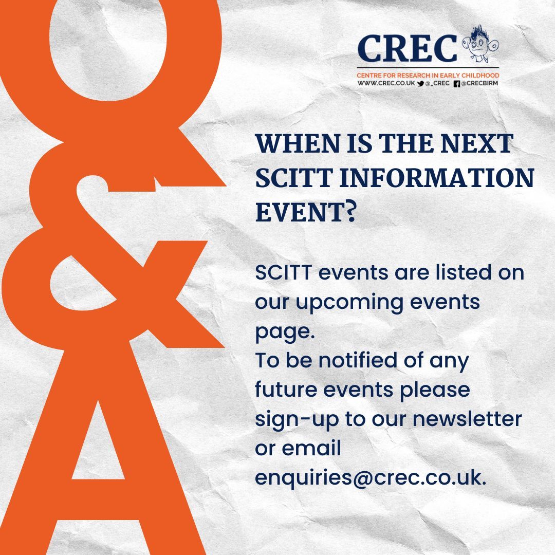 SCITT events are listed on our upcoming events page. buff.ly/3ne7mkx
To be notified of any future events please sign-up to our newsletter buff.ly/2z98Nek or email enquiries@crec.co.uk

#Teaching
#GetIntoTeaching
#PrimaryTeaching
#QTS
#EYFS