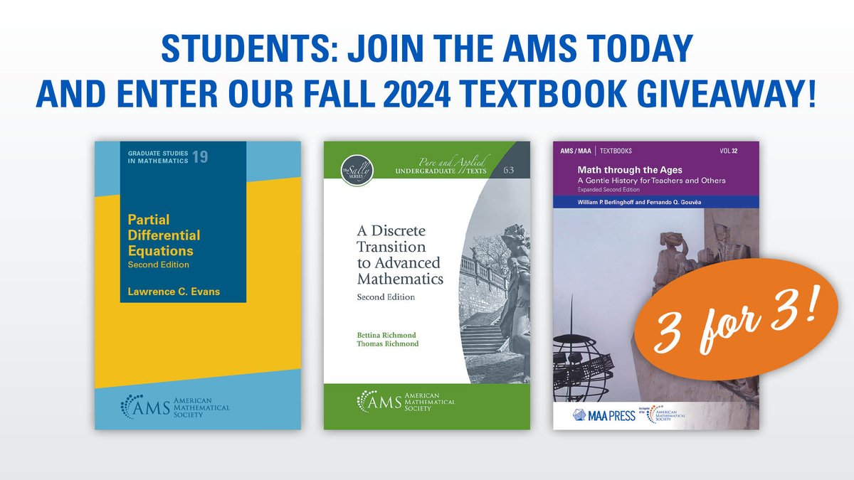 amermathsoc's tweet photo. Enter our Fall 2024 Student 3-For-3 Textbook Giveaway! Students, stop by the 2024 Spring Central Sectional Meeting this weekend to join/renew your membership and you will be entered into a raffle to win 3 free AMS textbooks of your choice. https://t.co/v4HB1gFMW4 
#AMSMember https://t.co/ITDGnnbH4u
