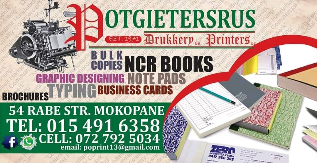 #PotgitersrusPrinting #BulkCopies #NCRBooks #GraphicDesigns #NotePads #Typing #Flyers #BusinessCards #Mokopane
