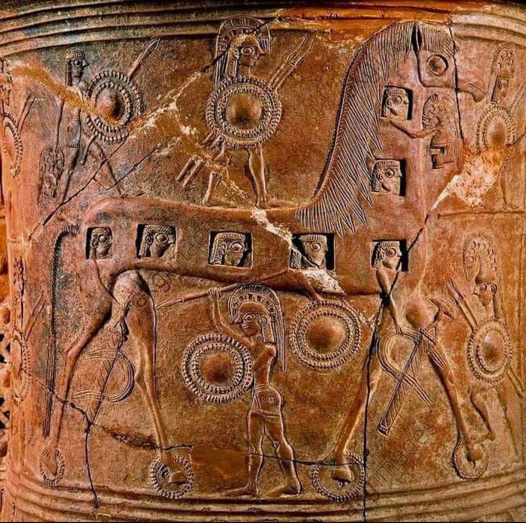 The earliest known depiction of the famous 'Wooden Horse' of the Trojan War on the Mykonos Terracotta Vase (Pithos) - 670 BC, found on the island of Mykonos in the Cyclades of Greece.