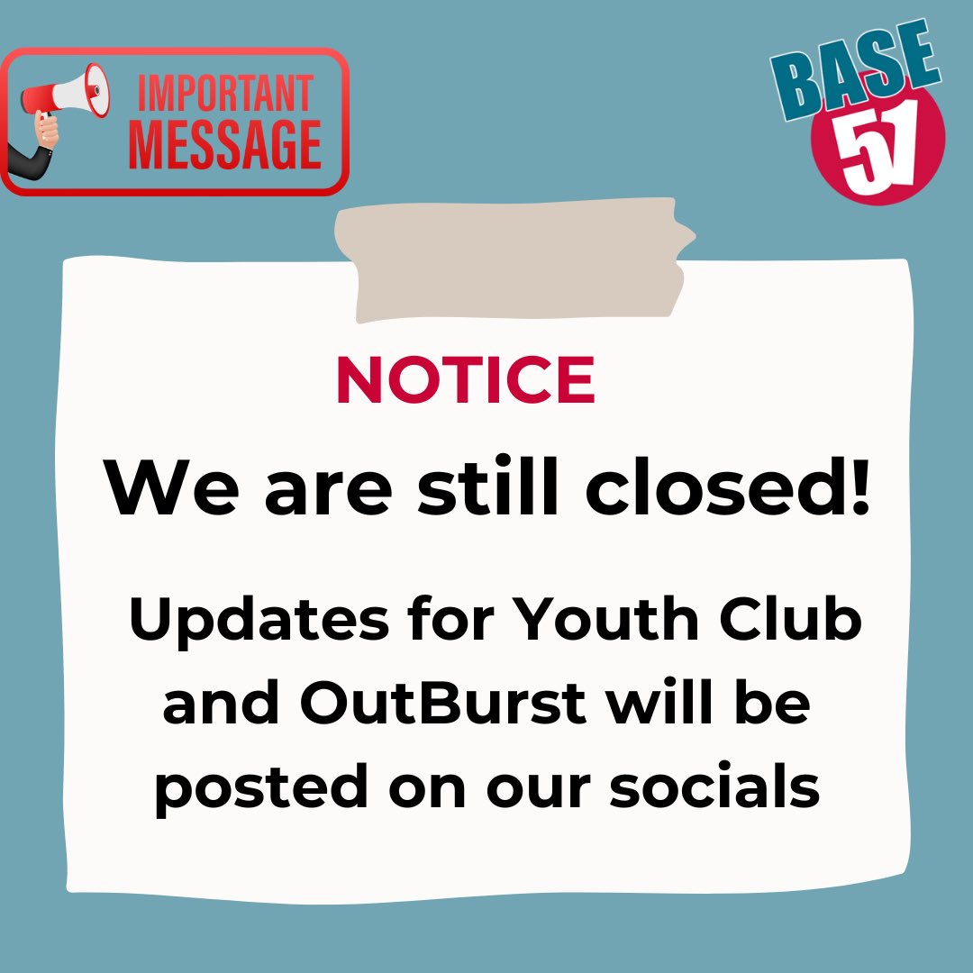 ❗️ Quick update: We are still unfortunately closed for our Youth Club and OutBurst session. We will update you when we do fully reopen on our website and across our socials. Our counselling provision is running. Sorry for the delay everyone!