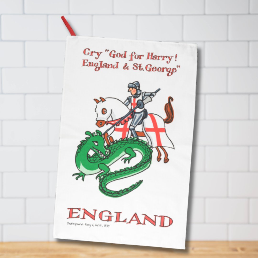 Happy #StGeorgesDay! You can pick up this fun tea towel featuring St George, and the famous quote from Shakespeare's Henry V, right here: bit.ly/3Udg6Yq #Shakespeare #charity #gifts