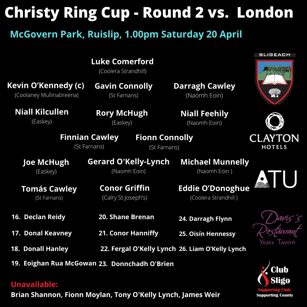 The senior hurling team to play @LondainGAA in Round 2 of the Christy Ring Cup T Ruislip, throw in at 1.00 tomorrow, Saturday 20 April