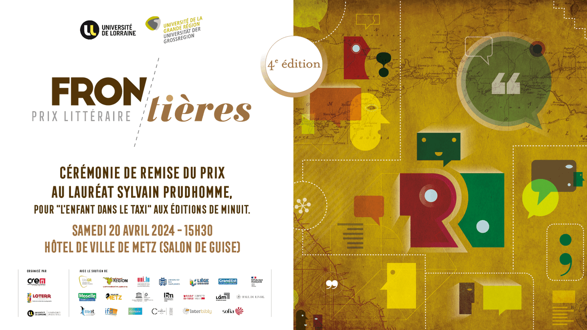 📚 Le#PrixFrontières a couronné pour sa 4ème édition, Sylvain Prudhomme pour son roman 'L'enfant dans le taxi'. 📆 Rejoignez-nous demain samedi 20/04 à Metz pour la remise du prix et un échange littéraire📖✨ @Crem_UL @LOTERR2 @UniGR_official @lelivremetz