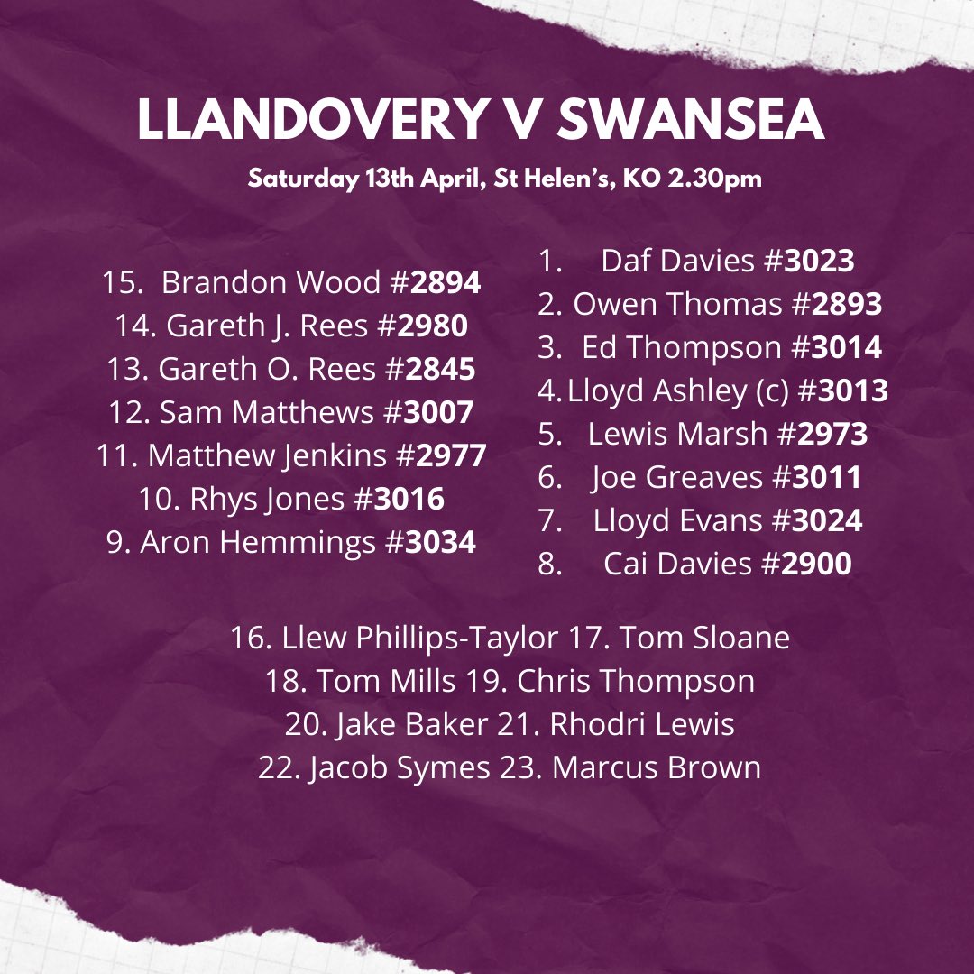 TEAM NEWS | We’re back on the road this week as your team to face @llandoveryrfc is HERE! 👊🏼Matthew Jenks & Owen back in the starting line up ©️@lloydashley91 leads See you there! 📍Church Bank ⏰ KO 2.30pm ↘️ swansearfc.co.uk