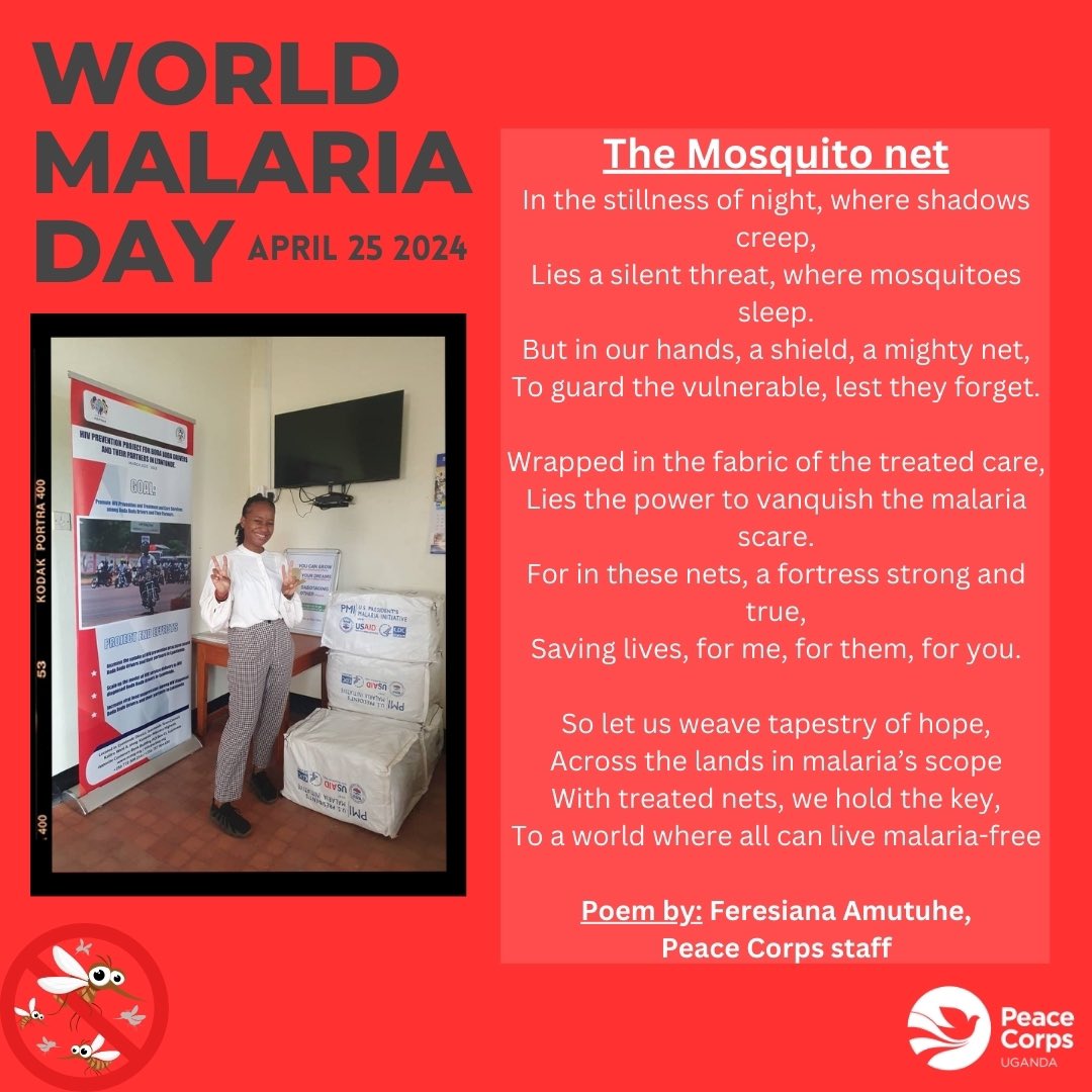 '🦟 FIGHT THE BITE! 🌍 Join #PeaceCorpsUganda as we step up efforts for World Malaria Day, April 25th. Let's invest, innovate, and implement for zero malaria. Protect vulnerable populations. #peacecorps #USAID #PMI'
