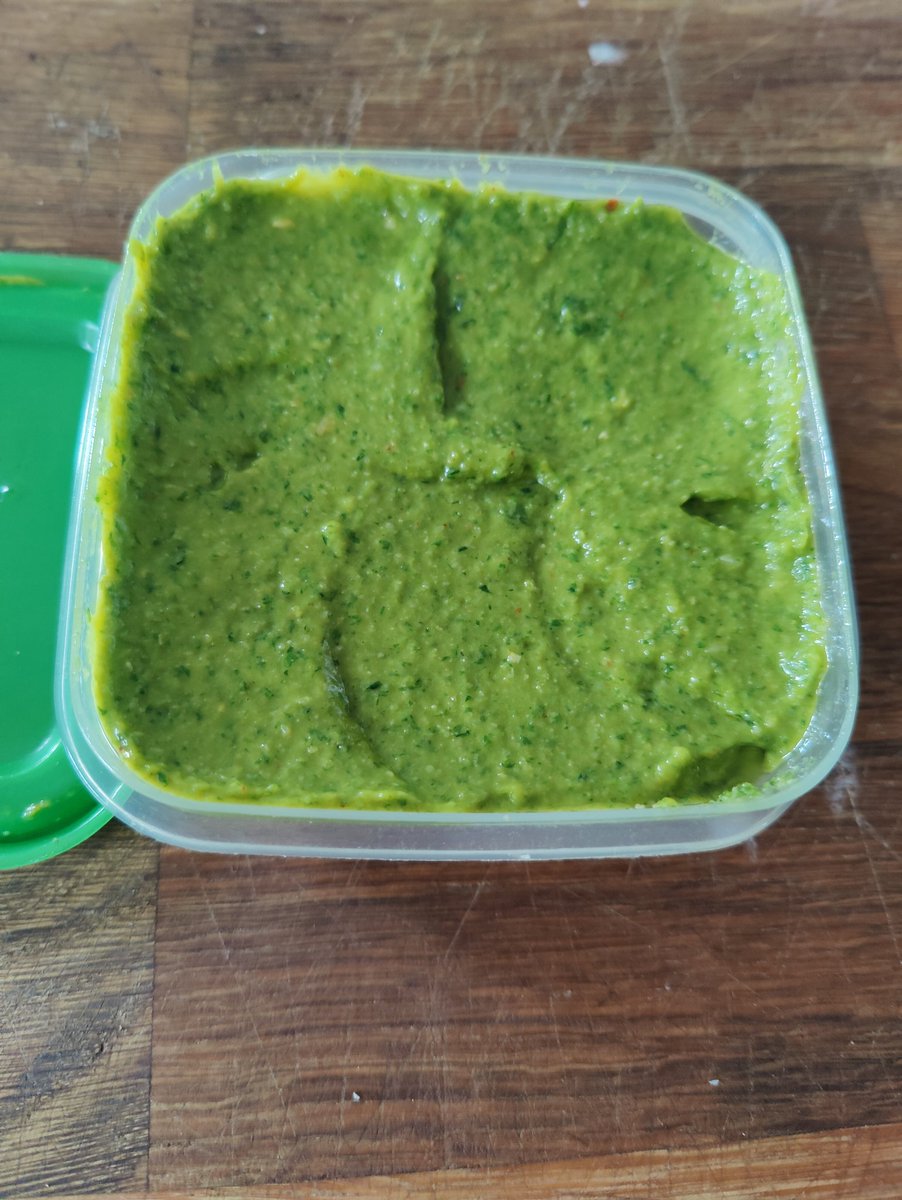 Very freshly made wild garlic pesto with a shot of siracha to give it a kick.