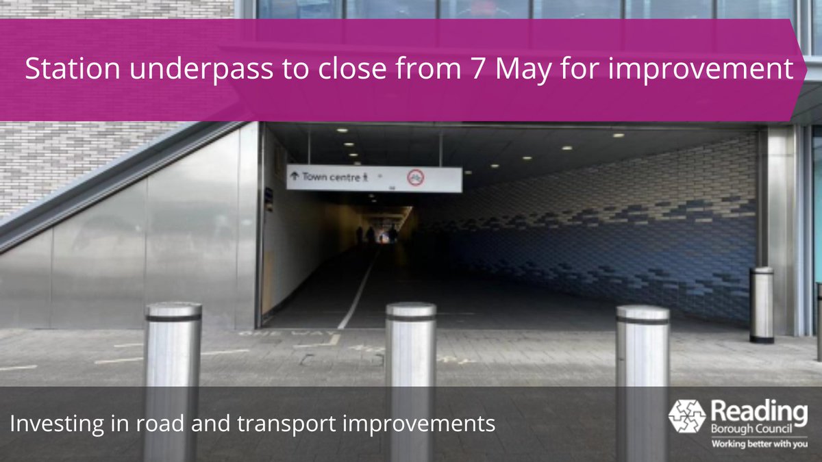 The station underpass closes on 7 May for up to 16 weeks for improvement work including removing low sections of ceiling and repairing tiles and lighting. A diversion route will be in place and disabled users can access the station to avoid the diversion. rdguk.info/Underpass_clos…