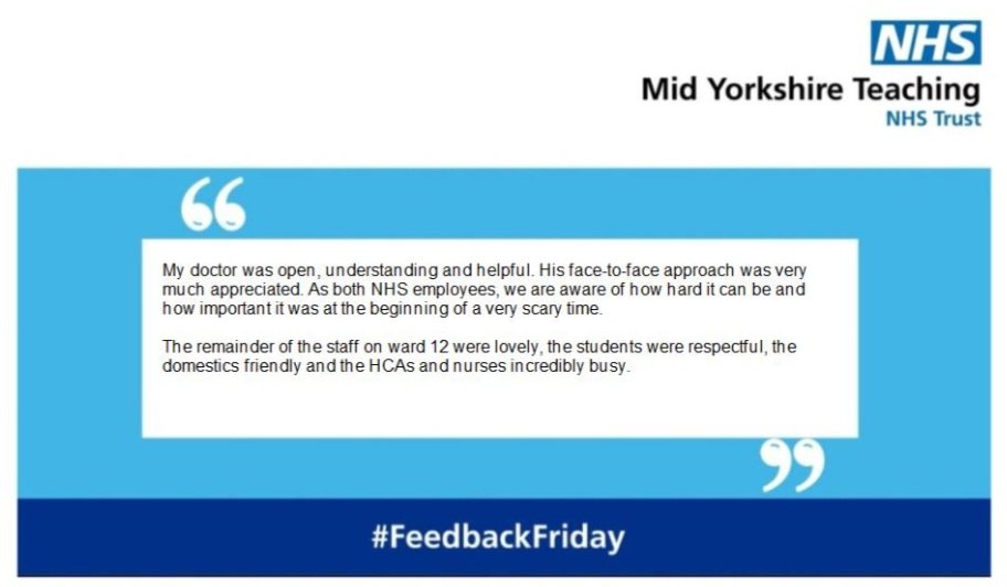 This week on #FeedbackFriday @MidYorkshireNHS our Gate 12 team @AauPgh have received this fantastic feedback from one of our patients!

Thank you to the whole MDT involved in this patients care! 

#NHS #MYTeam #PatientFeedback #AcuteCare #MidYorks