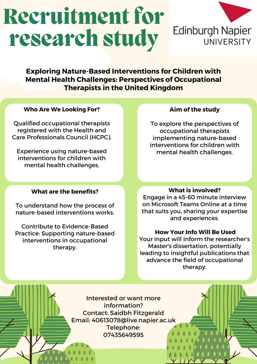 🌿 Calling all UK Occupational Therapists! Are you passionate about using nature-based interventions for children's mental health? 💚 Take part in my MSc study and share your valuable insights! See information below Any shares in this area would be greatly appreciated 😀