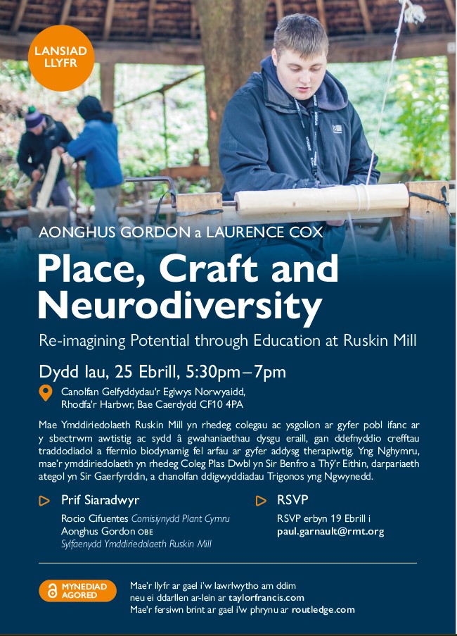 Next Thursday 5.30 in #Cardiff! 

@childcomwales Rocio Cifuentes and Aonghus Gordon will launch the book 'Place, Craft and #Neurodiversity  : Re-imagining Potential through Education @RuskinMill'   

#Neurodivergent #Autism #Wales

@NorwegianChurch, refreshments, all welcome