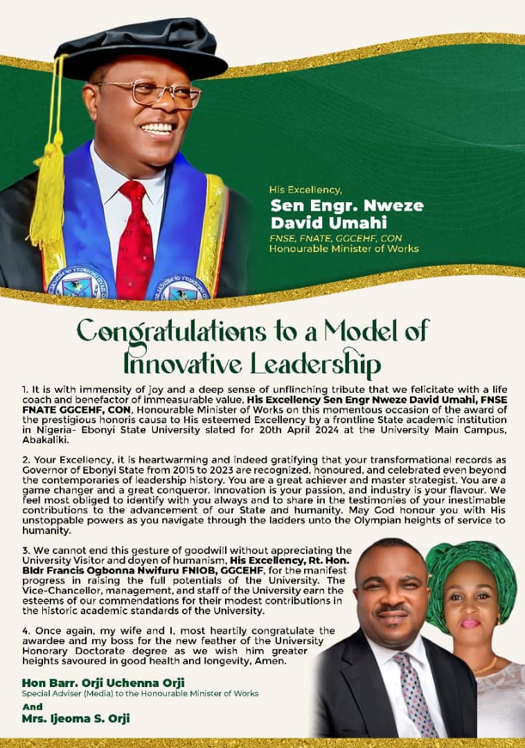 CONGRATULATIONS TO A MODEL OF INNOVATIVE LEADERSHIP It is with immensity of joy and a deep sense of unflinching tribute that we felicitate with a life coach and benefactor of immeasurable value, His Excellency Sen Engr Nweze David... fmw.gov.ng/read/3168