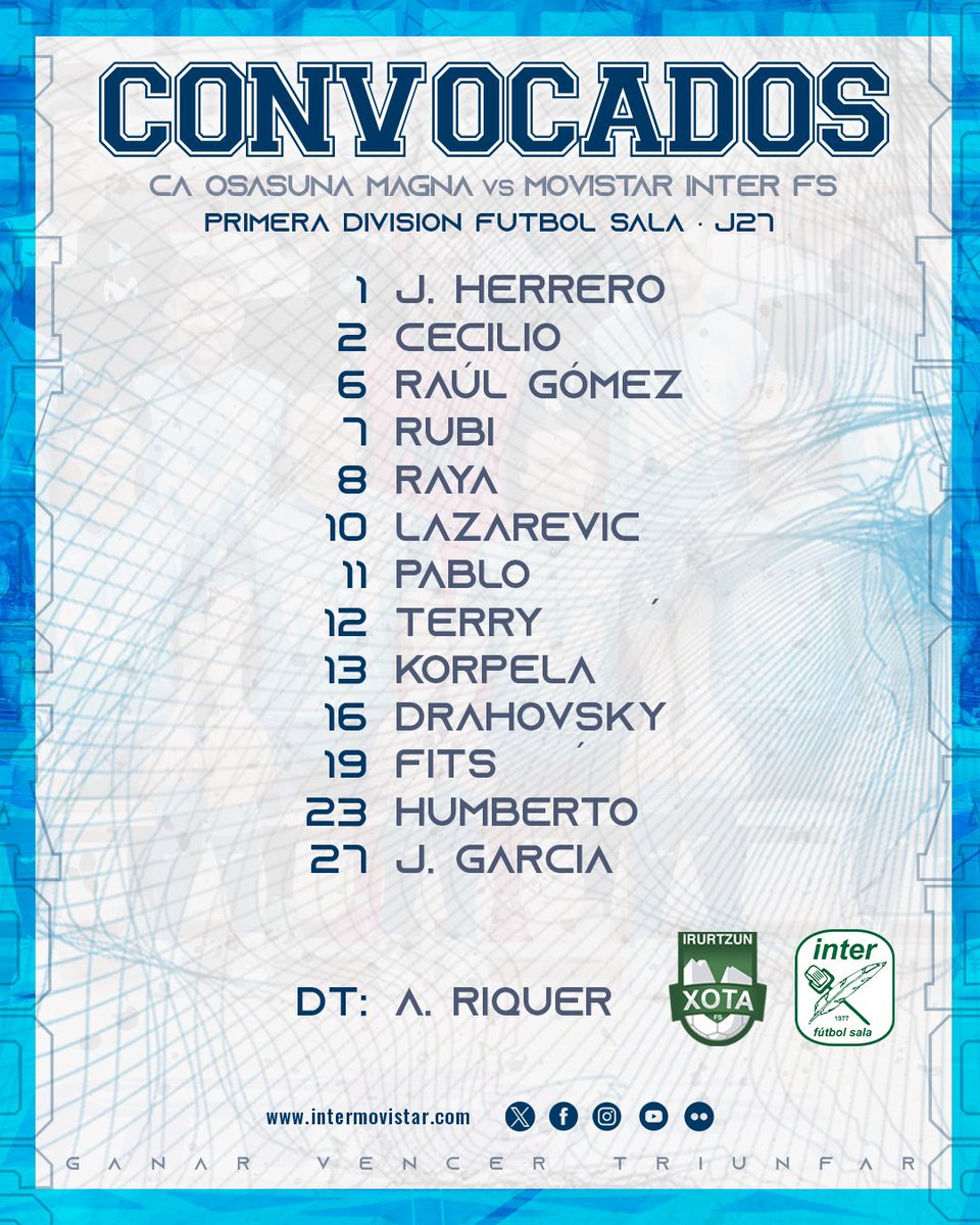 🔥¡La lista de 𝘾𝙊𝙉𝙑𝙊𝘾𝘼𝘿𝙊𝙎 por #AlbertoRiquer para la Jornada 27 de Primera División Fútbol Sala! 

🆚 @CDXOTA 

#MovistarInterFS 
#InteristaSoy