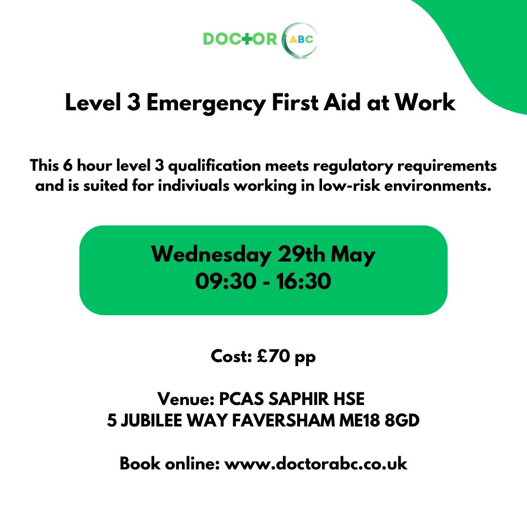 Our open courses are ideal for individuals and small groups. 

Don’t miss out on this introductory offer #faversham #favershamkent #firstaidtraining #firstaidcourse #level3emergencyfirstaidatwork #firstaid #firstaidqualification