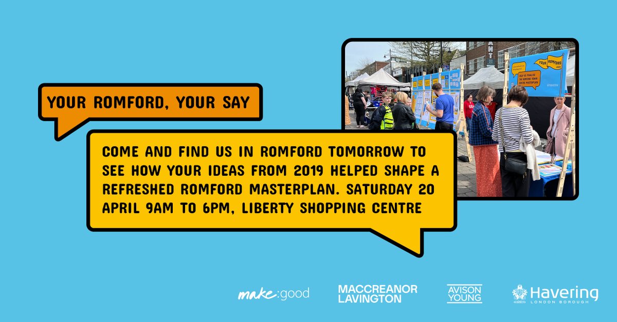 make:good (@wemakegood) on Twitter photo Your Romford, your say. Find us tomorrow in @LibertyRomford 20 April 9am – 6pm. Live, work, socialise in #Romford? See how your ideas from 2019 helped shape a refreshed Masterplan. Or visit yourromford.co.uk to fill out the survey before 3 May.
#YourRomford <a href="/LBofHavering/">Havering Council</a> Your Romford, your say. Find us tomorrow in @LibertyRomford 20 April 9am – 6pm. Live, work, socialise in #Romford? See how your ideas from 2019 helped shape a refreshed Masterplan. Or visit yourromford.co.uk to fill out the survey before 3 May.
#YourRomford <a href="/LBofHavering/">Havering Council</a>