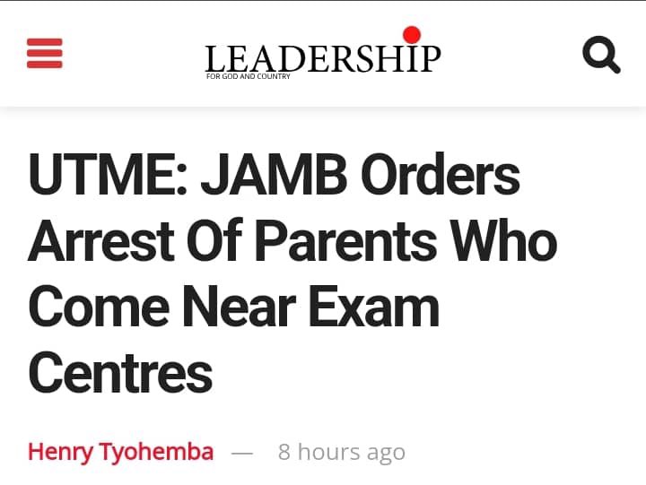 OFF_LadyBlogger's tweet photo. JAMB Orders Arrest Of Parents Who Come Nea Exam Centres... No one, except candidates is allowed into the exam centre. If your parents follow you, they should stay away from the centre, not inside the centre... https://t.co/7GuRILVbsQ