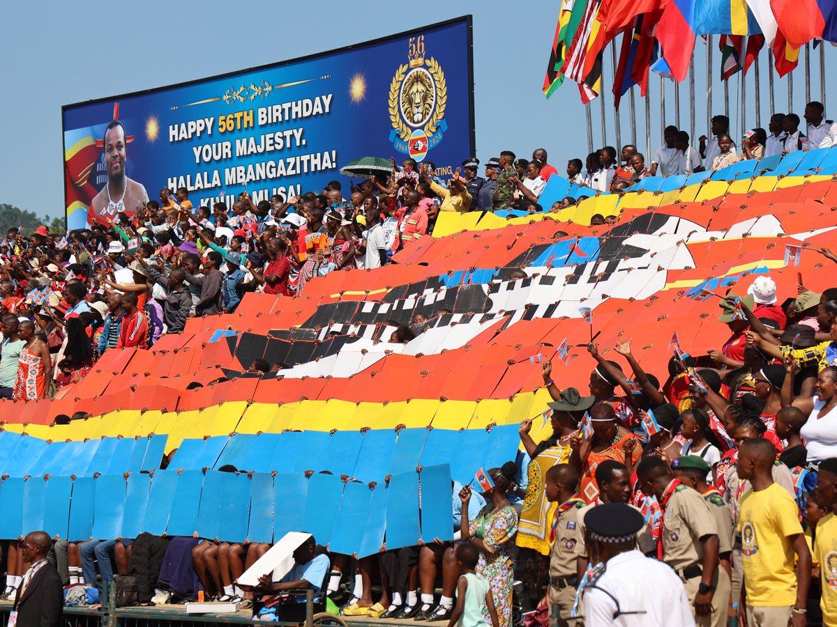 [PHOTOS]: His Majesty King Mswati III receives a huge roar of appreciation from the Nation and guests upon arrival at Mankayane Sports Ground. #HMK56