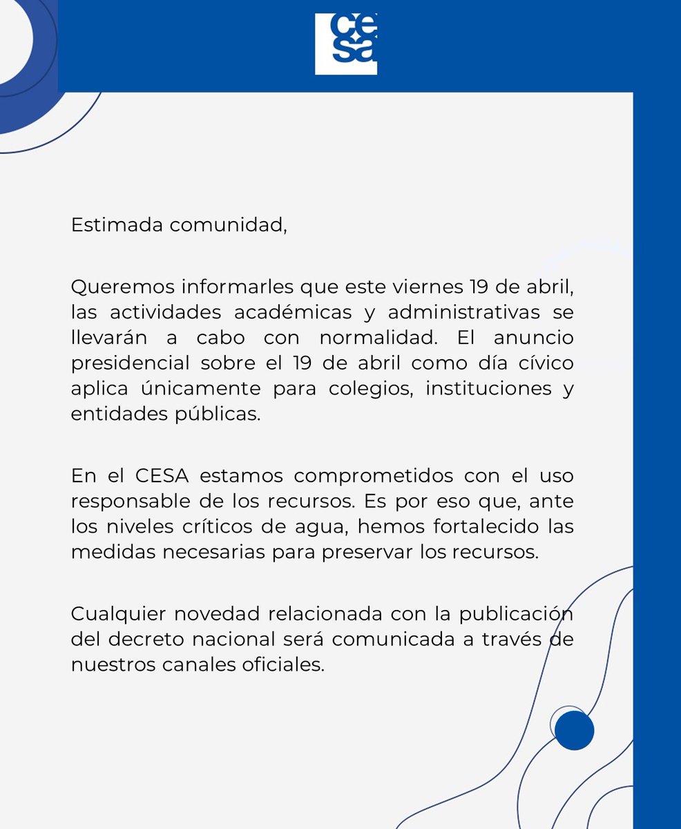 🔴 Comunicado oficial frente a las actividades del HOY 19 de abril en el CESA.