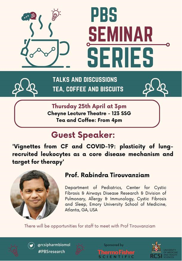 For our next Research Seminar we are delighted to host guest speaker Prof. Rabindra Tirouvanziam (USA) who will talk about lung-recruited leukocytes in CF and COVID-19 next Thursday 25th April. 3pm start in the Cheyne Lecture Theatre, followed by 🍪☕️ at 4pm. All welcome!