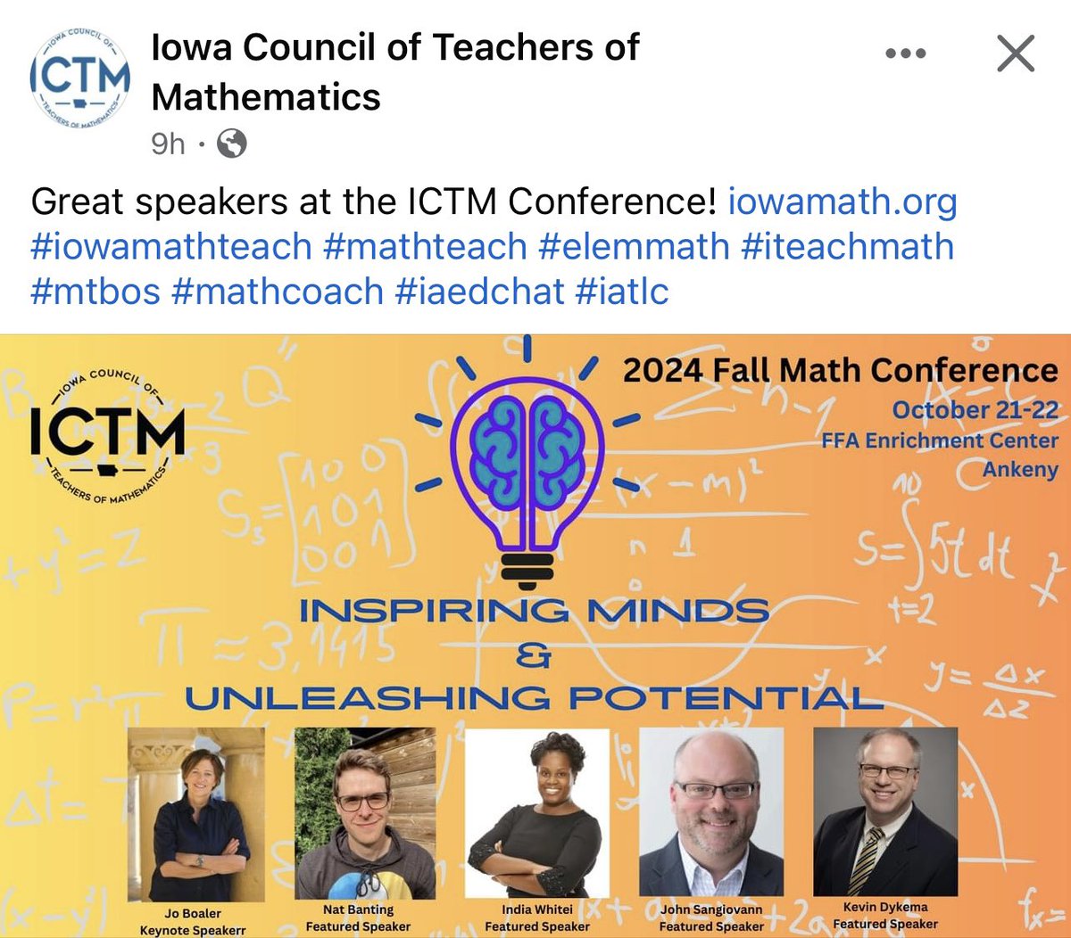 Woohoo! 🎉Super excited to announce that I'll be part of the lineup for an upcoming conference in @IowaMathTeach! It's an honor to contribute to the effort to close the gap & develop grit teachers and students🔥. 😎🥰😎! #drindiawhite #iowa #ictm #nctm #grit #teachers #students