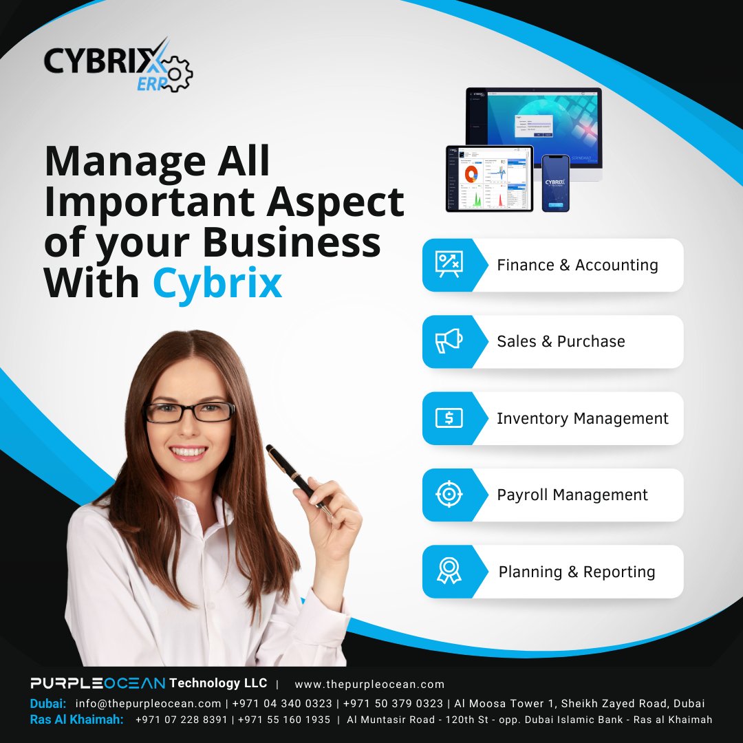 Unlock total #business control with #Cybrix #ERP – your all-in-one #solution for managing every aspect of your business seamlessly.
#purpleoceantechnology #cybrixerp #ERPSoftware #ERPSolution #software #pointofsalesoftware #accounting #dubai #uae #abudhabi