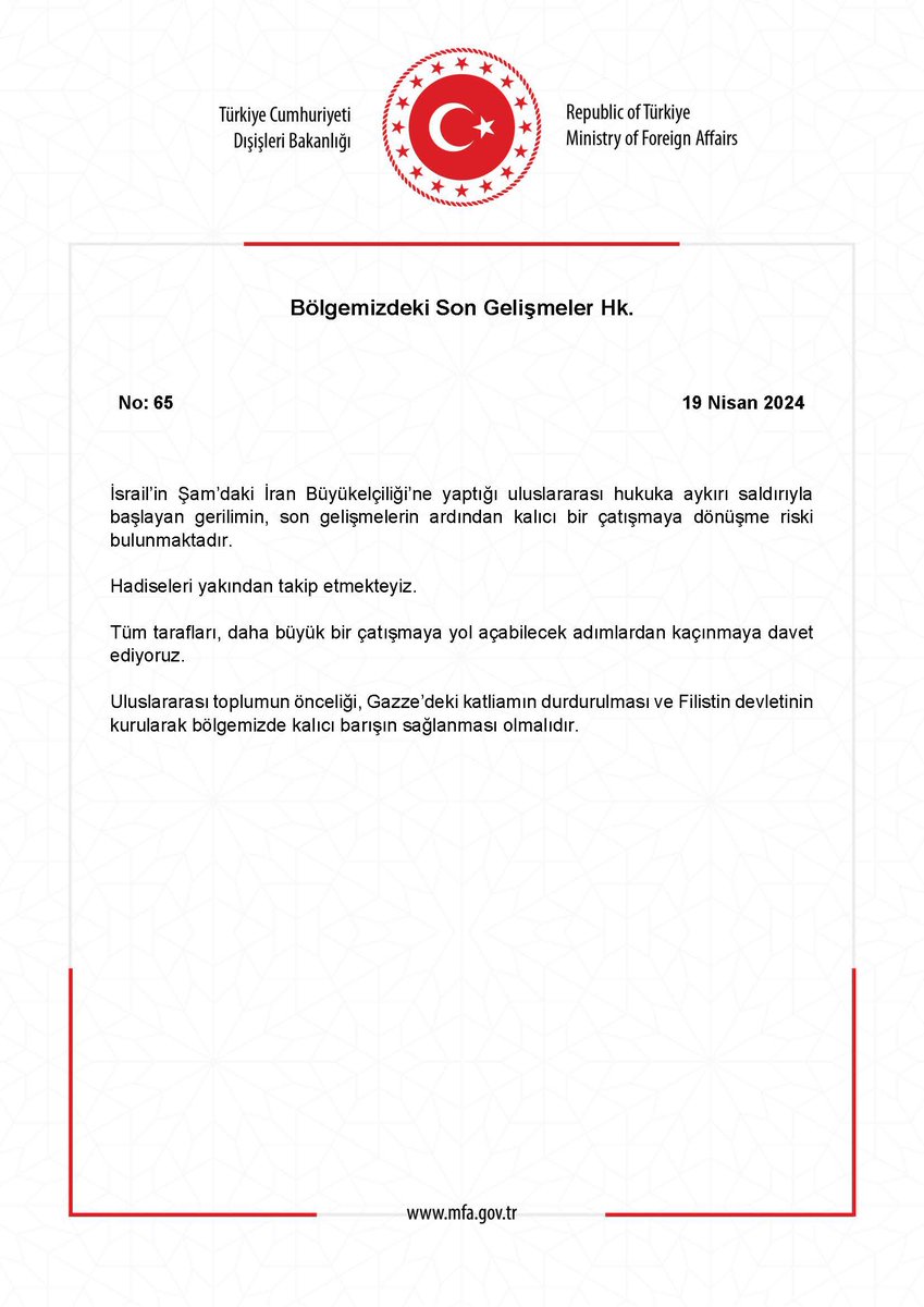 kvkehanetleri's tweet photo. 🚨🚨🚨

Dışişleri Bakanlığı: 

İsrail’in Şam’daki İran Büyükelçiliği’ne yaptığı uluslararası hukuka aykırı saldırıyla başlayan gerilimin, son gelişmelerin ardından kalıcı bir çatışmaya dönüşme riski bulunmaktadır.  Hadiseleri yakından takip etmekteyiz. https://t.co/ZG9Yb8KEZN