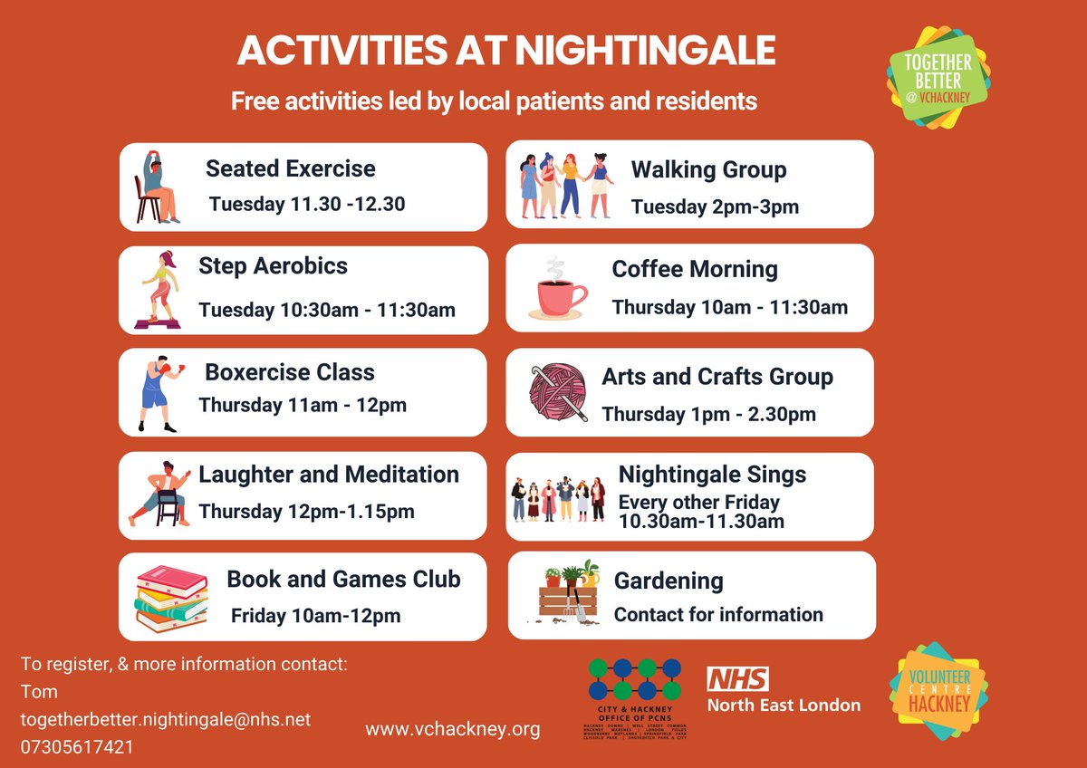 Lots of activities put on for residents of #nightingaleestate and beyond. Held usually at the Luncheon Club or Nightingale GP Surgery and all free 😁 Further info & contact details to register your interest, on flyer 👇 Please do RT.