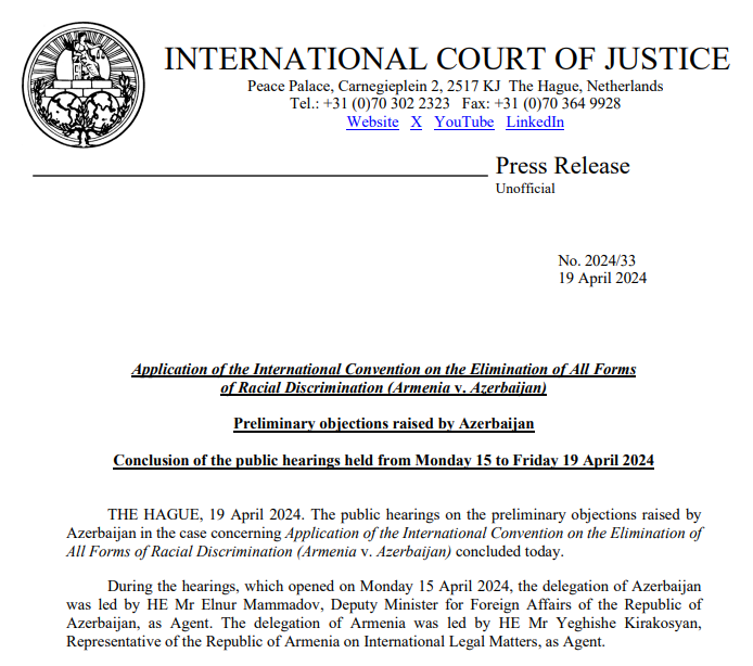 PRESS RELEASE: the public hearings on the preliminary objections raised by Azerbaijan in the case #Armenia v. #Azerbaijan concluded today before the #CIJ. The Court will now begin its deliberation tinyurl.com/4n5umm73