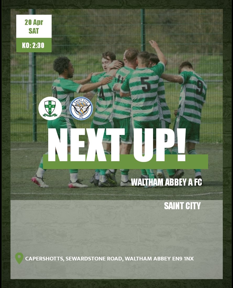 we take on Saint City in our Fenton cup semi final this Saturday at WAFC 
Come and show your support 
Capershotts, Sewardstone Road, Waltham Abbey EN9 1NX
2:30 ko 
#uta #uptheabbey 
💚🤍💚🤍