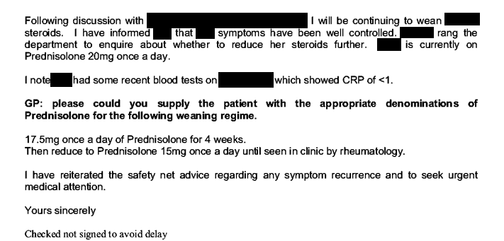'Hi GP, the patient is in my room now but if you could do the grunt work of figuring out how to explain to the patient how to split 5mg tablets in two and work it all out, that'd be great, ta.' Notice that the specialist says '*I* will be...'