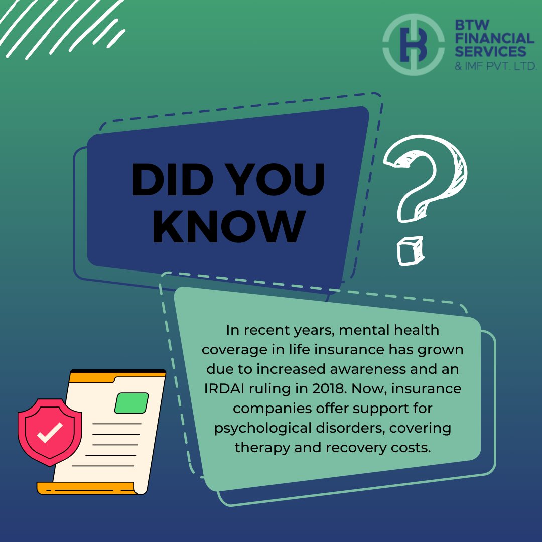 Did you know? Mental health coverage in life insurance has expanded, thanks to growing awareness and a pivotal ruling by IRDAI in 2018. 🌟

#mentalhealthawareness #insurancecoverage #lifeinsurance #mentalhealthjourney #insurancecompanies #insuranceinsights #coveryourhealth #btw