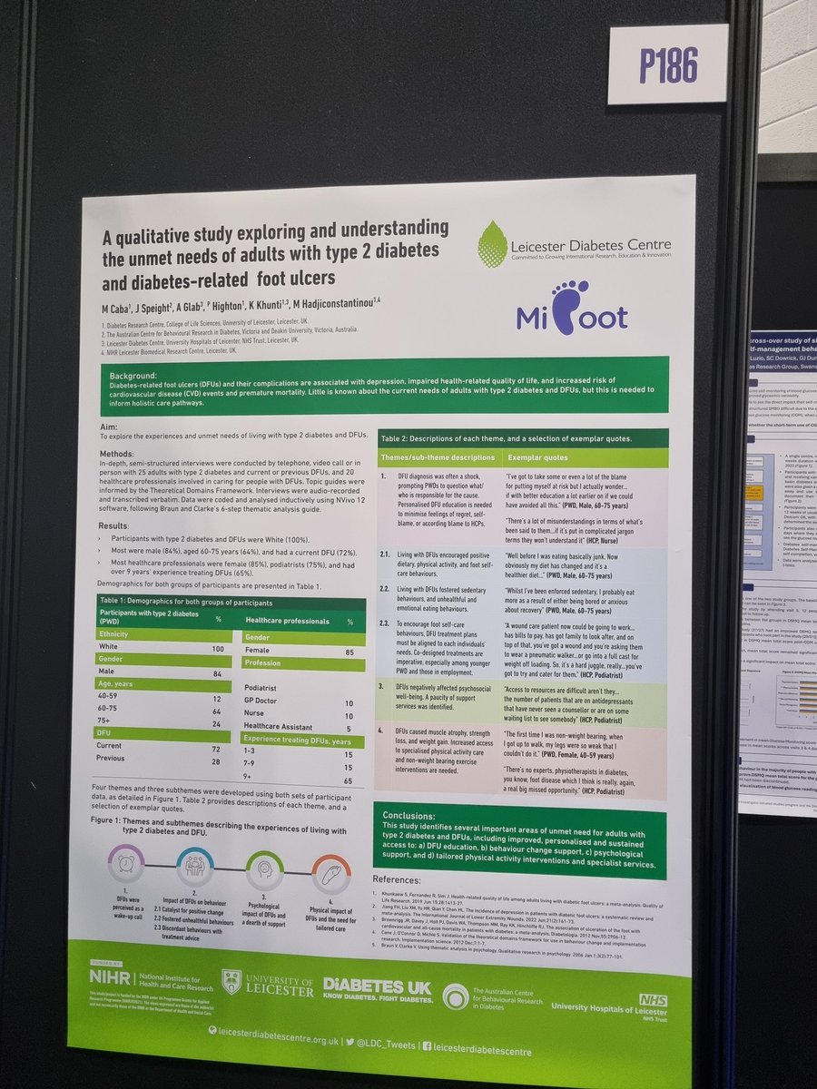 Busy day today at #DUKPC24 Come to P186 at 12.45pm to hear from Molly Caba about the exploratory qualitative study that we conducted for #MiFoot what the unmet needs are of adults with t2d and diabetes foot ulcers @LDC_tweets @kamleshkhunti @janespeight @aga_glab