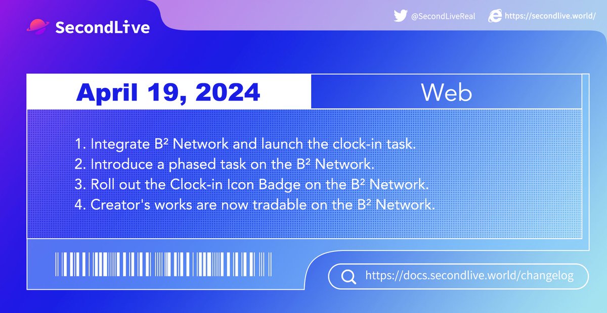 【Update】 ⏰ April 19, 2024 💻 Web 1️⃣ Integrate B² Network and launch the clock-in task. 2️⃣ Introduce a phased task on the B² Network. 3️⃣ Roll out the Clock-in Icon Badge on the B² Network. 4️⃣ Creator's works are now tradable on the B² Network.