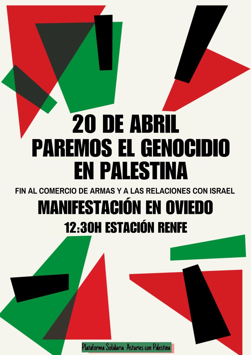 Más de seis meses de genocidio, de una matanza 🇵🇸 Solidaridad internacional. Por el pueblo palestino, para poner fin a la barbarie sionista, para que cesen las relaciones y la venta de armas a Israel 📢 MANIFESTACIÓN en Oviedo ⏰ 12:30, Estación de Tren #CCOOConPalestina